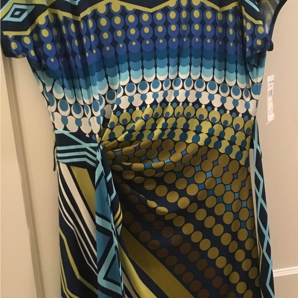Donna Morgan Blue and Green Geometric Midi Dress Size 6 NWT - Picture 2 of 5